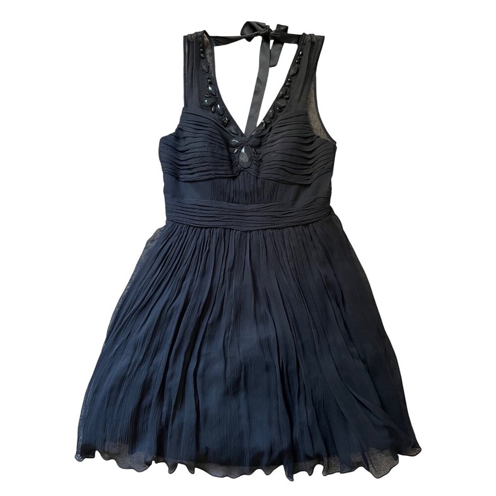 $328 Anthropologie Tracy Reese 8 Black Silk Mini Dress Rhinestones Pleated Tulle